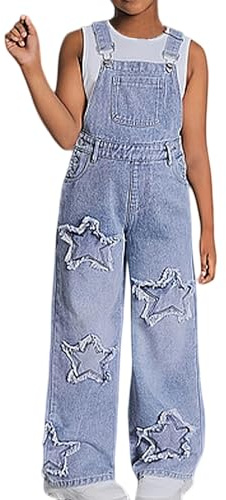 Generisch Mono de mezclilla moderno para niña, con estrella, informal, de pierna ancha, para adolescentes, cómodo para verano y otoño, azul claro, 8-9 años