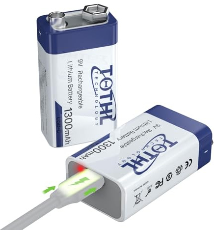 【2 Stück】 9v Wiederaufladbare Batterien,1300mAh 9 Volt akku USB C 9v Blockbatterie Rauchmelder für,Feuermelder, Warnmelder & Rauchwarnmelder, Multimeter
