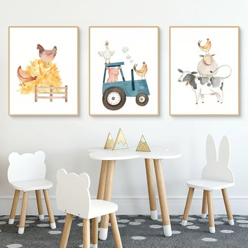 TROYSINC 3-teiliges Bauernhof Bilder Set, Wandbilder Set, Wasserfarben-Tiere (Huhn, Schwein) Poster Kinderzimmer Wanddekoration, Babyzimmer Leinwandbilder Kunstdruck, OHNE Rahmen (30x40cm)