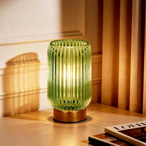 MJ PREMIER Battery Operated Lamp, Small Cordless Lamp with Timer, Green | Vertical Stripes Glass Lampshade, Small Table Lamps for Area No Plug, Decorative Led Light for Bedroom Living Room Shelf
