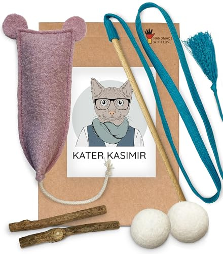 Kater Kasimir Katzenspielzeug Set aus Naturmaterial (6 Teile) Interaktives Katzenspielzeug für Wohnungskatzen – Katzenangel Holz, Matatabi, Filzbälle, Baldrian Spielmaus – Natürliches Katzenspielzeug