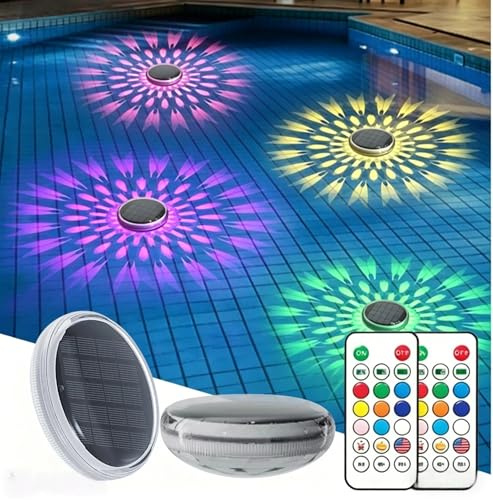Solar Floating Pool Lights with Remote Control, 9 Colors and 3 Dynamic Modes, IP67 Waterproof Solar Powered Lights with Adjustable Brightness and Timer for Inground Above Ground Pool (1PC)