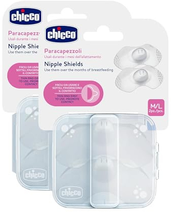 Chicco Brustwarzenschutz aus Silikon, 4 Stück in 2 Packungen, anatomischer Sauger, mikrowellengeeignet, Hautkontakt zu Haut. Wählen Sie die Größe