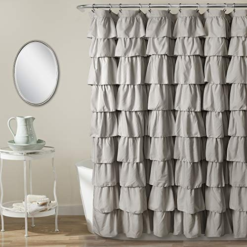 Lush Decor Ruffle Shower Curtain | Floral Textured Vintage Chic Farmhouse Style Design, Light Gray, 72 x 72
