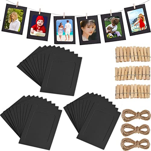 Fashion HW 30 stücke Fotorahmen aus Pappe, zum Aufhängen, 10 x 15 cm，DIY Kraftpapier Bilderrahmen Hängende Wanddekoration mit 30 stücke Clips und 3 stücke Hanf Seile Set (Schwarz)