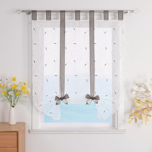 ESLIR Raffrollo mit Schlaufen Raffgardinen Gardinen Küche Grau 100x140cm | Bindegardine,Transparent,Schlaufenrollo,Vorhänge mit Stickerei,Modern Voile,Fensterrollo 1Stück,Landhaus,Bestickt