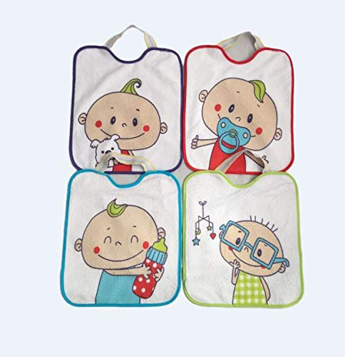 Ti TIN Pack 4 Baberos Impermeables para Bebé Microfibra - 100% Poliéster Forro Vinilo | Lote de 4 Baberos con cierre de Goma para Bebés de 6 a 24 meses, 30x26cm. PVC