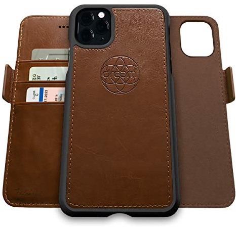 Dreem Fibonacci 2-i-1 plånboksfodral för Apple iPhone 11 Pro - Högkvalitativt veganskt läder, magnetiskt, avtagbart och stötsäkert mobilfodral, RFID-betalkortsskydd, 2 stativlägen- Choklad
