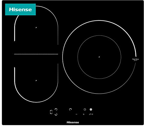 Hisense I6337C - Placa Inducción 3 zonas, 1 con foco gigante 32 cm, 2 conectadas entre si área Bridge, encimera de 60 cm, bloqueo infantil y terminación biselada