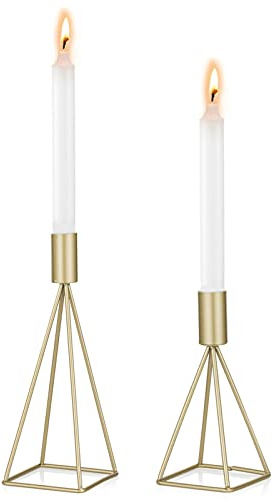 Sziqiqi metall avsmalnande ljushållare ljusstake uppsättning av 2, guld ljusstakehållare för avsmalande ljus, geometrisk tråd modern dekorativ mittdel ljusstake för bord
