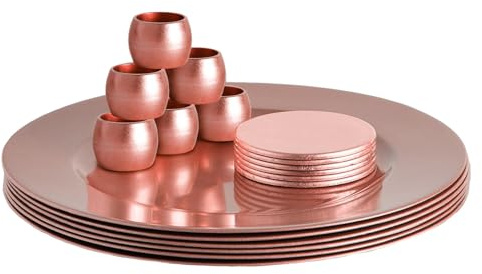 Argon Tableware Metallic Charger Plates, Coasters & Napkin Rings Set - Rose Gold - 18pc - 33cm - Reusable Dining Table Setting Plates Drink Placemats Napkin Holders for Christmas, Party Celebrations
