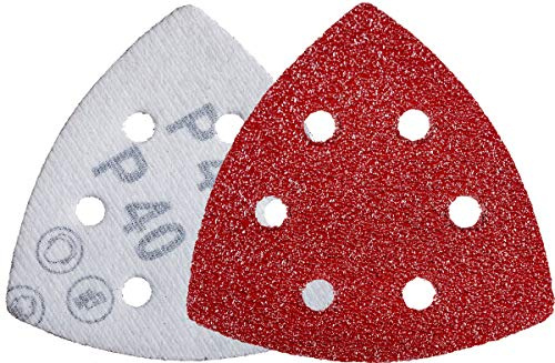 YoiYee 40 Grit Delta Sanding Sheets, 6 Hole Triangle Hook Loop 20 Pack | 93x93x93mm size, aluminium oxide abrasive, 8mm dust holes, fits 90mm detail sanders, compatible with Black & Decker mouse