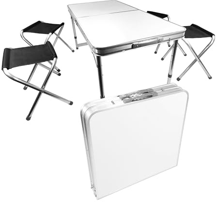 Lemodo Campingtisch mit Stühlen, Klapptisch Set 5-teilig, Campingmöbel klappbar, Esstisch höhenverstellbar, Picknicktisch 120 x 60 cm, platzsparender Koffertisch, leicht zu transportieren