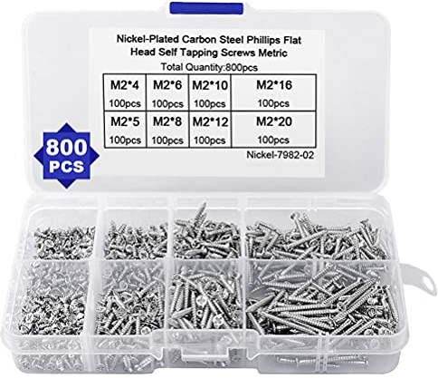 XCOZU Schrauben Set, 800 Stück M2 Selbstschneidende Schrauben Sortiment 4 mm-20 mm, Kohlenstoff Kreuzschlitzschrauben Flachkopf Senkkopfschrauben Holzschrauben für Kunststoff Holz Metal