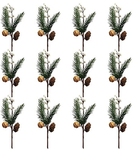 INIFLM 12 ramas artificiales de piñones de bayas blancas, tallos de pino, bayas de acebo de Navidad, conos de pino para coronas de vacaciones, guirnaldas, decoración del hogar, adornos de árbol de