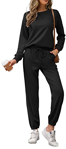 REORIA Damen Tracksuit Langarm Rundhalsausschnitt Einfarbig Zweiteiler Outfit Hoodie Jogger Trainingsanzug Set Sweatshirt & Jogginghose