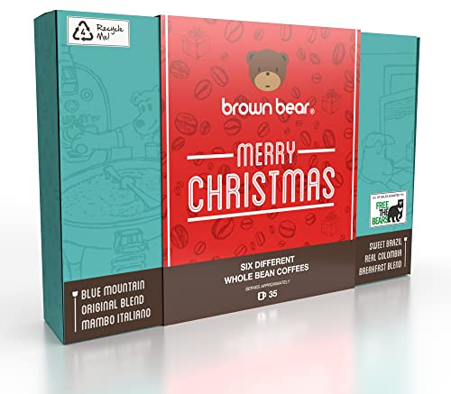 Brown Bear Christmas Coffee Beans Gift Set - 6 Blends in 1 Xmas Selection Pack - For Men and Women - Strength 3 4 5 Coffee Machines - Light Medium Dark Roast