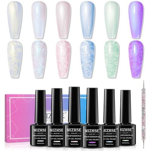 MIZHSE UV Nagellack Pearl, UV Gel Set, 6 farben, Pearl Schimmernd Nagelgel, Nagellack Set für Nageldesign/Nail Art, Aurora Shimmer Effect, 7ml x 6