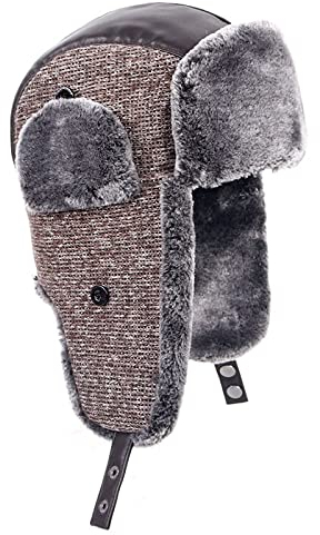 DEPAJA Russische Mütze Ushanka Winter Bomber Trapper Hut Herren Sowjetrussland Herbst Leder Gestrickte Fliegermütze Mit Ohrenklappen, Kaffee, 58 cm