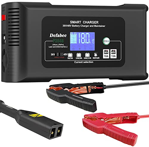 Defabee Chargeur de batterie intelligent 18 A, entièrement automatique 36 V pour voiture, 36 V/18 A et 48 V/13 A, lithium, LiFePO4, plomb-acide AGM/Gel/SLA pour moto, bateau, tondeuse à gazon, chariot