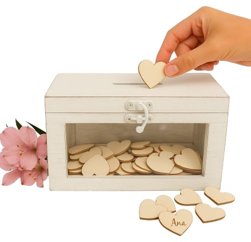 Libro de visitas. Caja sorpresa de madera. 100 Corazones Regalo Boda, Aniversario. Libro de firmas comunión. Recuerdo de Boda, Comunión, Bautizo, Cumpleaños y Aniversario. (Blanco Vintage)