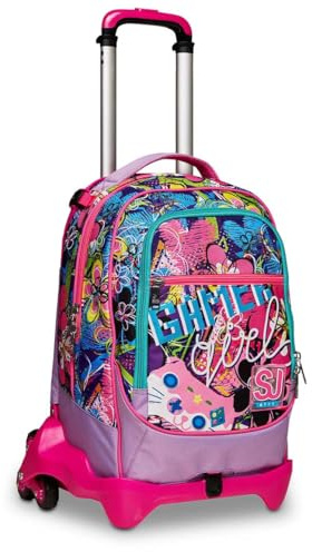 SJ Gang Mochila Escolar Desmontable + Carro con 3 Ruedas TROLLEY JACK-3WD + GLEAMLED GIRL, Cactus Flower - Mochila 3 en 1, Crossover System - para Niñas, Niños y Adolescentes - Bols. Front. Cremallera