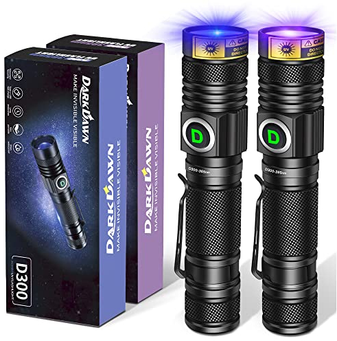 DARKDAWN Torcia UV 365nm e 395nm Ricaricabile USB, Lampada di Wood Luce Nera, Ultravioletta LED Torce Portatile Mini Zoomabile, Rivelatore di Urina, Banconota, Ambre, Polimerizzare la Resina, 2 pezzi