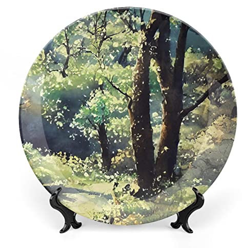 Gokays Platos decorativos, paisaje de la selva, acuarela, plato de cerámica con soporte de exhibición, decoración para colgar en la pared para sala de estar, comedor, cocina, hogar, 18 cm