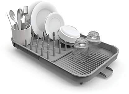 Joseph Joseph Duo Expandable Dish Drying Rack, Kitchen Dish Plate Drainer with Utensil Pot and Draining Spout, Grey