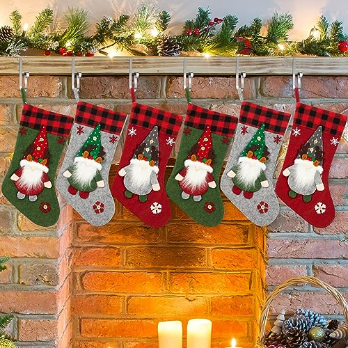 Foaincore Weihnachtsstrumpf, 6 Stück, 45,7 cm, mit 6 Stück Zinklegierung, Weihnachtsstrumpfhalter, Kamin, verstellbare Halterungen für Familienurlaub, Kaminbedarf, Zwergstil)