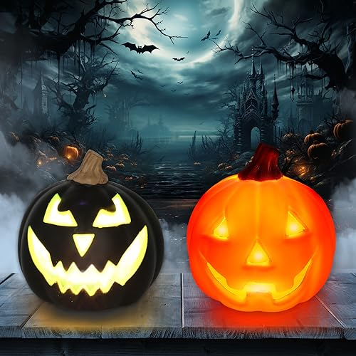 Kazaigou 2 Stück Halloween Deko Kürbis, Kürbis LED Halloween Deko Outdoor, Halloween Kürbis Outdoor Kürbis Beleuchtet Plastik Laterne mit 3D Aufkleber