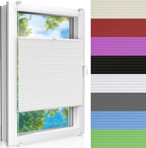 Plissee Klemmfix Ohne Bohren 35 x 80 cm Plissee Rollo Ohne Bohren Sichtschutz und Sonnenschutz leicht zu montieren mit Klemmträger für Fenster & Balkontür, Weiß