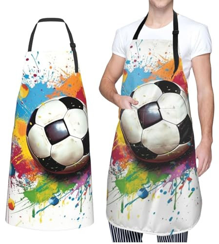 Dwrepo Sportschürze mit Fußball-Druck, wasserdichte Schürze mit 2 Taschen, verstellbare Küchenschürze, Lätzchen für Damen und Herren, Kochschürze, Schwarz, Einheitsgröße, Schwarz, EinheitsgröÃŸe