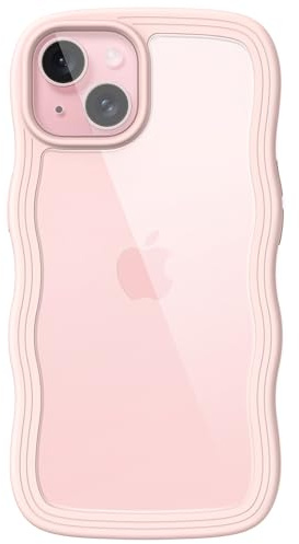 JETech Cute Case for iPhone 15 Plus 6.7-Inch, Wave Frame Curly Shape Shockproof Phone Cover for Women and Girls, Clear Hard PC Back (Pink)