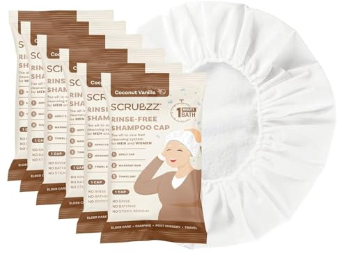 Scrubzz Shampoo Caps No Rinse for Elderly and Bedridden Patients, Rinse Free Shampoo Caps for Post Surgery and Hospital Stays, Waterless Hair Washing Shower Caps - Coconut Vanilla - 6 Pack