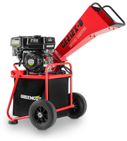 GREENCUT GE212X-B - Trituratore a benzina 212cc 7cv, tritura rami fino a 50 mm, include sacco da 64 L, con ruote e maniglia per il trasporto, rosso