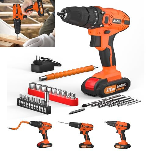 Electric Screwdriver 21V Cordless Battery Drill with 2 Batteries, 2 Variable Speed 0-400/0-1400rpm, 29pcs Electric Screwdriver Set, LED Work Light, 3/8 Chuck, 25+1 Torque Setting, Orange