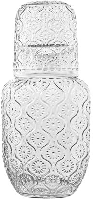 Vintage Bedside Water Carafe and Glass Set for Bedroom Nightstand, Bedside, Ticked Glass Mouthwash Decanter for Bathroom, Water Pitcher Set 550ml