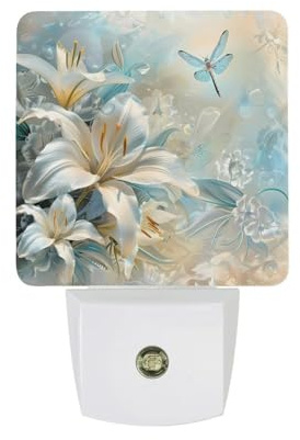 Lilies Flowers Dragonfly Night Light Plug In Wall LED Nightlight with Dusk to Dawn Sensor for Bedroom Kitchen