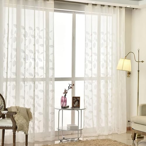 Beydodo Vorhänge Halbtransparent mit Schlaufen, Gardinenschals 2er Set Weiß Landhausstil mit Blätter Motiv 86x183CM Lichtdurchlässige Gardinen Schiebevorhänge für Wohnzimmer Schlafzimmer Küche