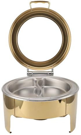 Round Buffet Chafing Dish Gold Stainless Steel 6L Alcohol Heating Buffet Food Warmers for Hotel Banquet (2 Compartment Pan)