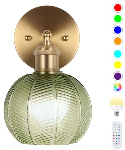 EIDEARAY Applique murale vintage à piles avec abat-jour en verre tulipe vert foncé, rechargeable, applique murale à piles avec télécommande, appliques murales sans fil, pour chambre, salon, couloir
