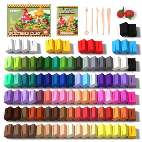 ARTFLY Polymer Clay Set, 100 Farben, Modelliermasse ofenhärtend, mit 82 einzigartige Farben und zusätzliche Grundfarben mit Bildhauerwerkzeugen und Schmuckzubehör, ideale für Kinderknete & Jugendliche