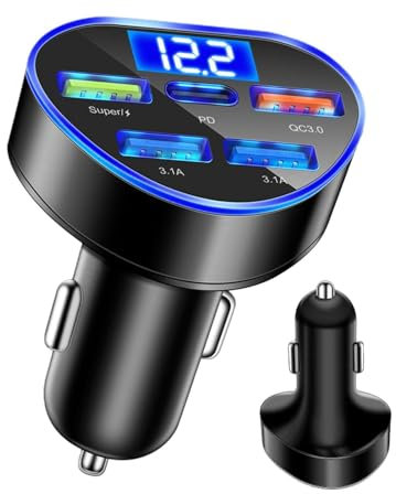 Caricatore USB per accendisigari da auto Distributore da 66 W con display di tensione a LED |. ricarica smartphone da veicolo caricatore rapido da auto compatibile PD QC3.0 Ricarica simultanea