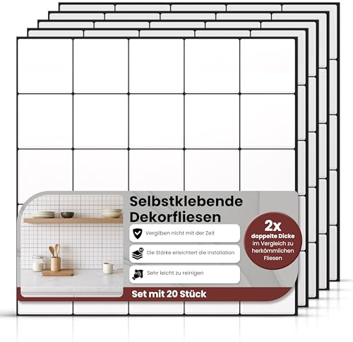 AMARA DECO - 20 Unidades Azulejos Adhesivos Cocina y Baño 30x30cm. Baldosas Adhesivas Pared con Efecto Azulejo 3D, Impermeables, Resistentes al Calor y Fáciles de Limpiar (Cuadrados Blanco/Negro)