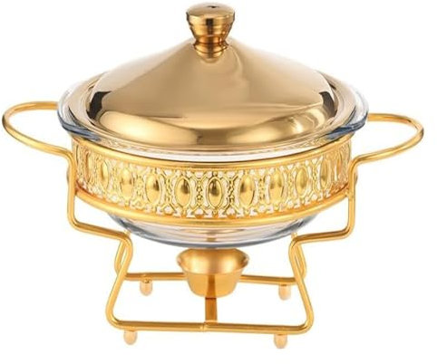 MPMPM Lavello Buffet Chafing Dish Fornello ad Alcool, Acciaio Inox Rettangolare Server Cibo Fresco Scaldavivande con Vassoio in Vetro for Catering Festa Matrimonio(Gold)