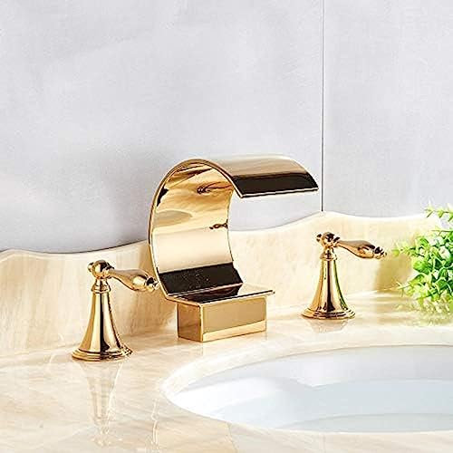 Lavandino 3 Pezzi Oro Cascata beccuccio Cromato Bagno s Deck Mounted Doppia Maniglia Tre Fori Miscelatore Acqua Calda e Fredda Rubinetto, lavabo da appoggio