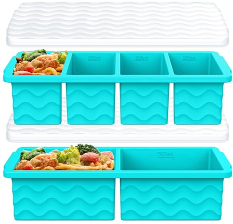Silicone Freezer Trays with Lid for Soup, 1-Cup & 2-Cup Large Ice Cube Molds Food Storage Containers for Meal Prep, Freeze 500mL/250mL/125mL Portions – 2 Pack