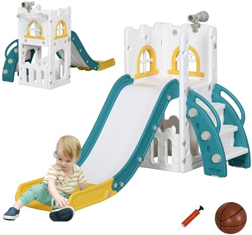 AIYAPLAY Kinder Rutsche 5-in-1 Kinderrutsche mit Basketballkorb, Klettergerüst, Teleskop, Basketball, Aufbewahrungskorb Gartenrutsche Kleinkinderrutsche für Indoor & Outdoor 1 bis 3 Jahre, Gelb