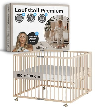 Sämann Faltbarer Baby Laufstall aus Holz I Natur 100x100 cm I Inkl. Matratze SleepPlus I Höhenverstellbares Babybett aus Buchenholz I Laufgitter mit gummierten Rollen I TÜV geprüft